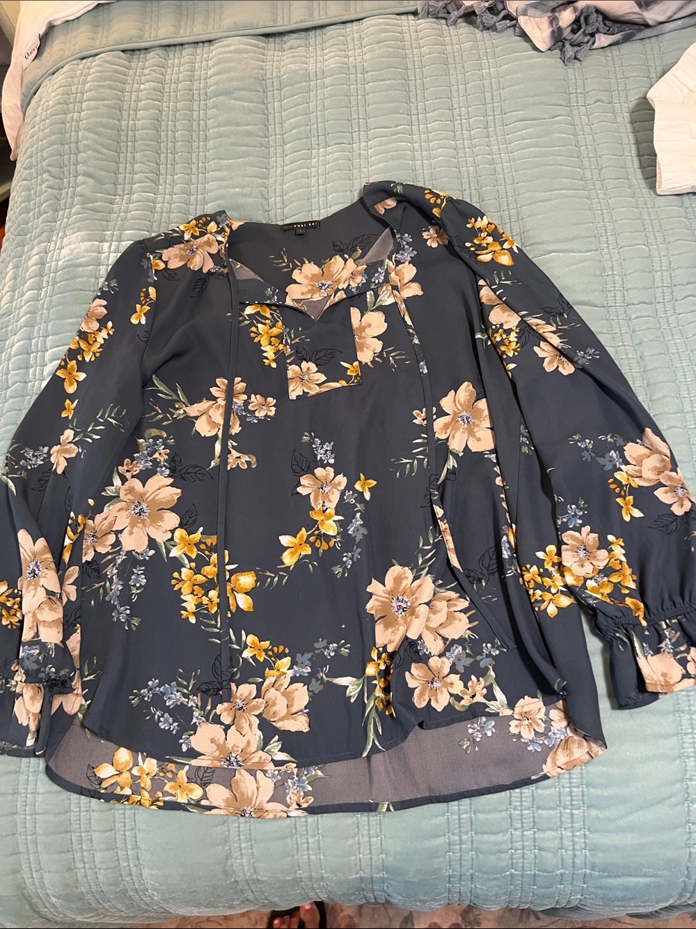 West Kei Navy Floral Long-Sleeve Blouse with Beige and Yellow Flowers